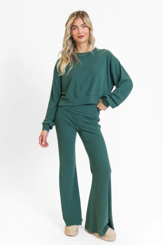 In A Dream Evergreen Foldover Band Super Soft Flare Pants sold by Pink Lily