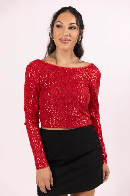 Tidings To You Red Smocked Back Sequin Top  FINAL SALE sold by Pink Lily