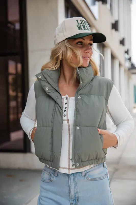 Bunny Slopes Olive Soft Coated Cropped Puffer Vest sold by Pink Lily