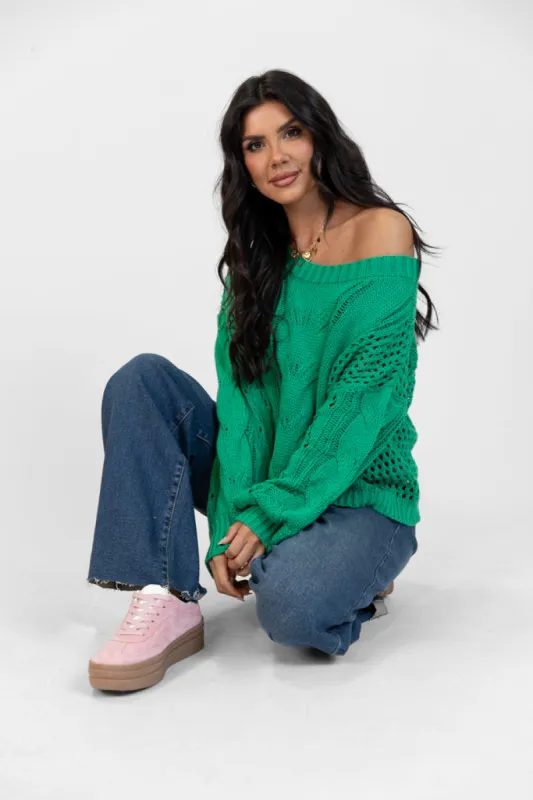 Make It Right Green Wide Neck Cable Knit Sweater DOORBUSTER sold by Pink Lily