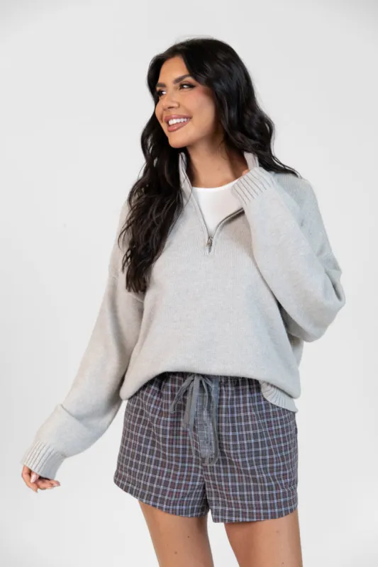 Roll With It Heather Grey Solid Quarter Zip Sweater FINAL SALE sold by Pink Lily