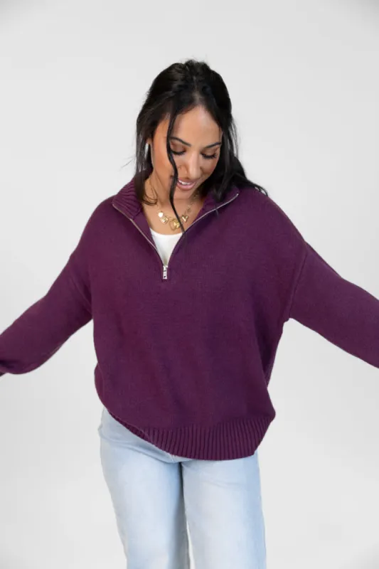 Roll With It Plum Solid Quarter Zip Sweater sold by Pink Lily