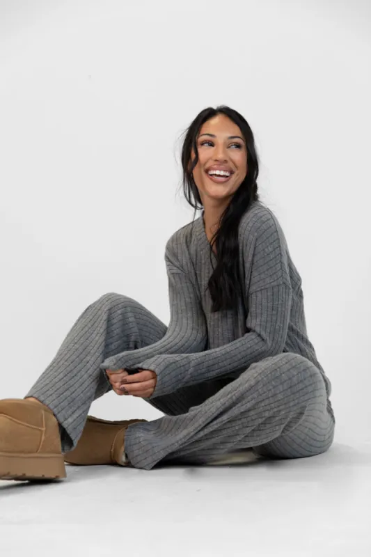 Comfort Zone Charcoal Ribbed Lounge Top sold by Pink Lily