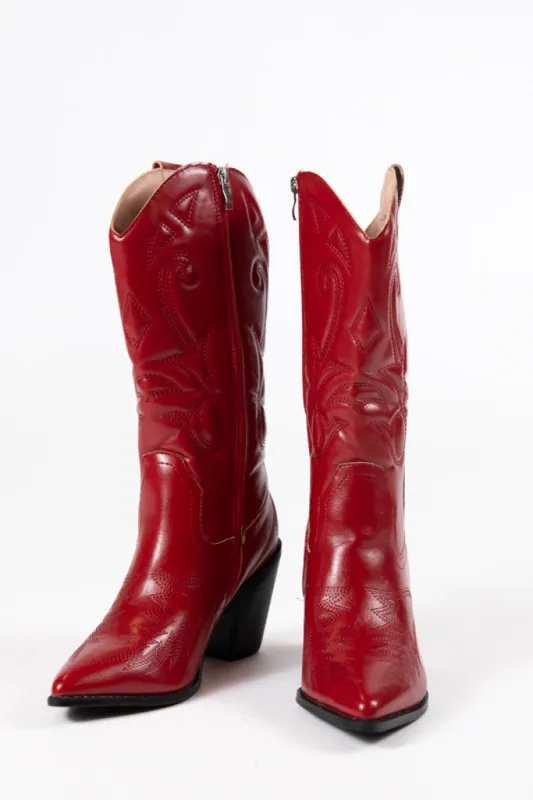 Daelyn Red Leather Cowboy Boot sold by Pink Lily