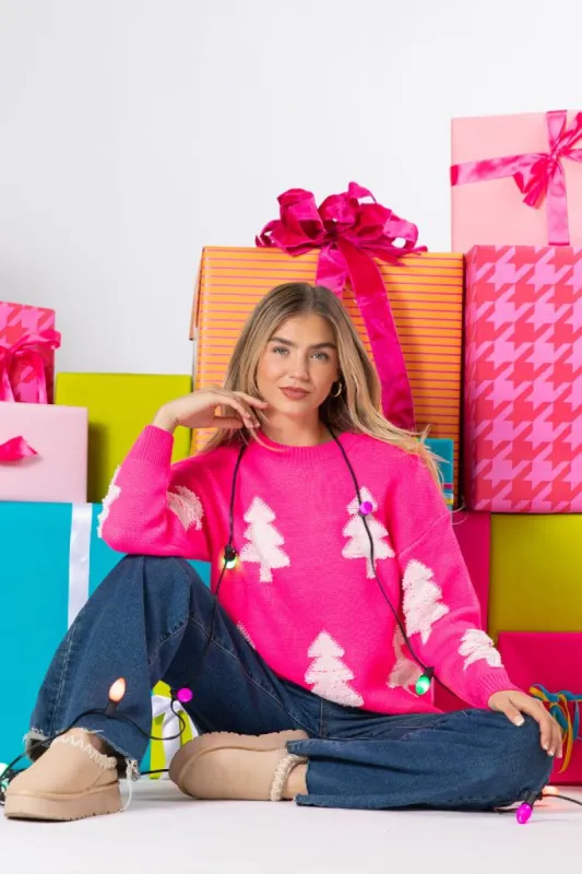 Under The Mistletoe Pink And Cream Christmas Tree Sweater FINAL SALE sold by Pink Lily