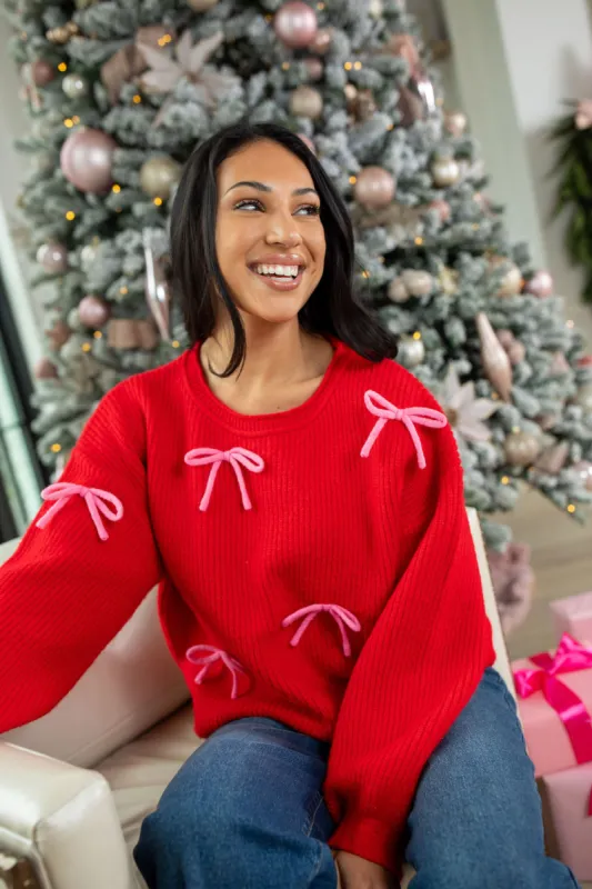 Knot Your Average Bow Red Embroidered Bow Sweater FINAL SALE sold by Pink Lily