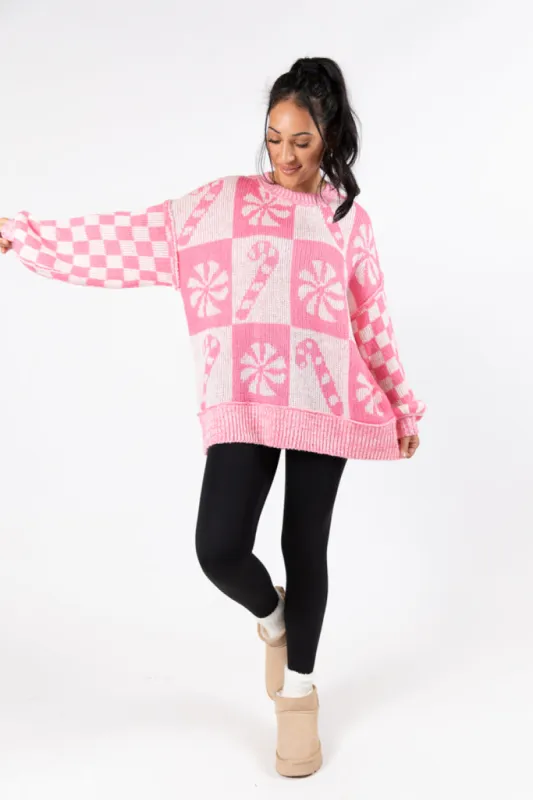 Candy Cane Lane Candy Pattern Sweater Pink FINAL SALE sold by Pink Lily