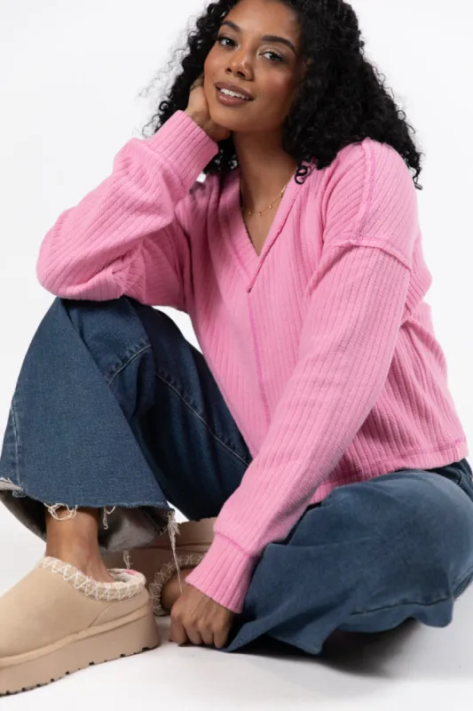 Living Right Pink Ribbed V-Neck Knit Top FINAL SALE sold by Pink Lily