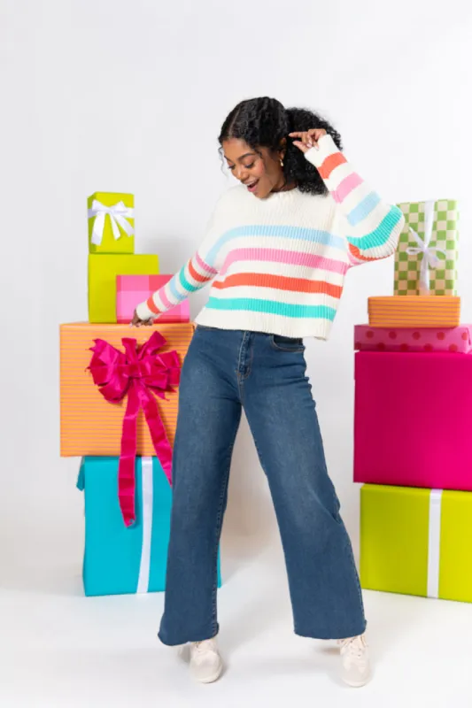 I'm Just Thinking Multi Color Stripe Hem Crew Neck Sweater FINAL SALE sold by Pink Lily