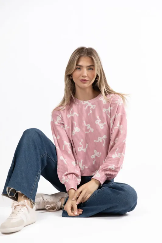 Secret Gardens Pink Bow Ribbed Printed Top FINAL SALE sold by Pink Lily