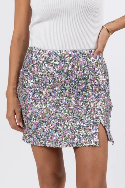 Fairy Lights Silver Multi Sequin Mini Skirt FINAL SALE sold by Pink Lily