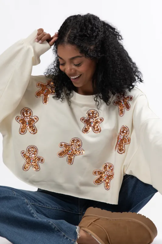 Let's Build A Gingerbread House Cream Sequin Patch Pullover FINAL SALE sold by Pink Lily