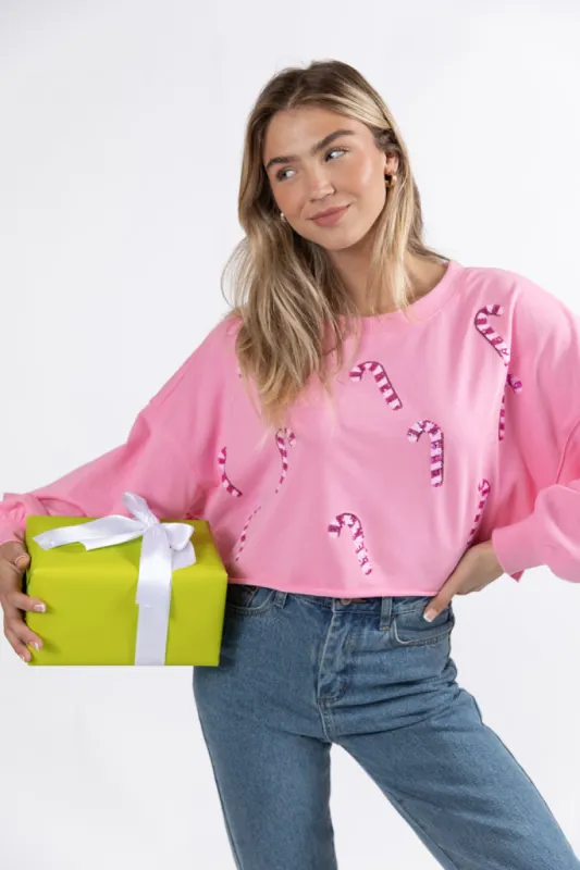 Candy Cane Dreams Pink Sequin Patch Pullover made by Peach Love California