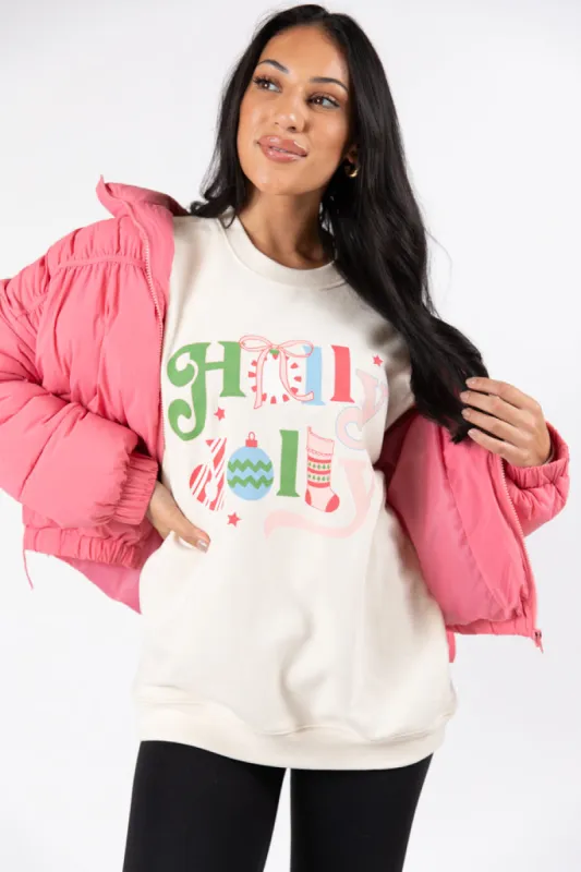 Holly Jolly Cream Oversized Graphic Sweatshirt sold by Pink Lily