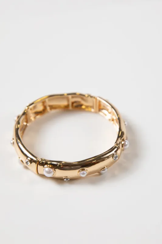 Gold Stretch Bracelet with Multi Rhinestone and Pearl Studded Accents sold by Pink Lily