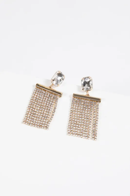 Gold Crystal with Rhinestone Crystal Tassel Chain Earring sold by Pink Lily