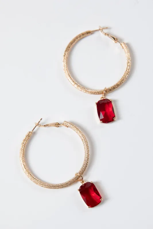 Gold Earring Hoop With Red Crystal Drop SALE sold by Pink Lily
