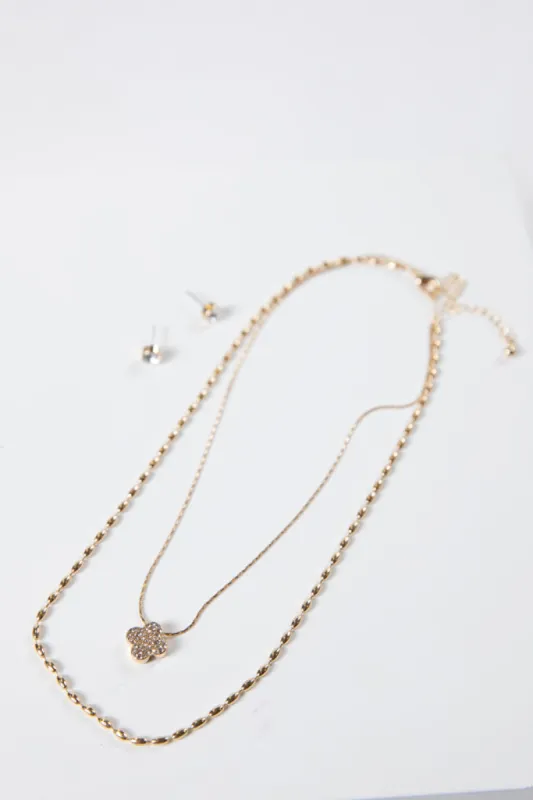 Double Layered Knot Chain with Rhinestone Clover Necklace made by Pink Lily