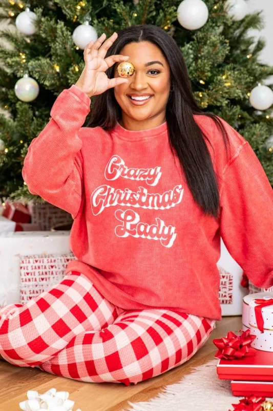 Crazy Christmas Lady Red Corded Graphic Sweatshirt FINAL SALE sold by Pink Lily