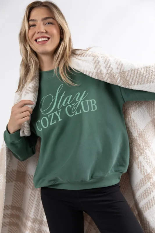 Stay Cozy Club Pine Needle Green Graphic Sweatshirt DOORBUSTER sold by Pink Lily