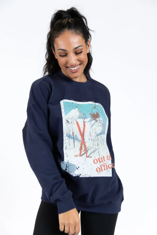 Out Of Office Navy Blue Oversized Graphic Sweatshirt DOORBUSTER sold by Pink Lily