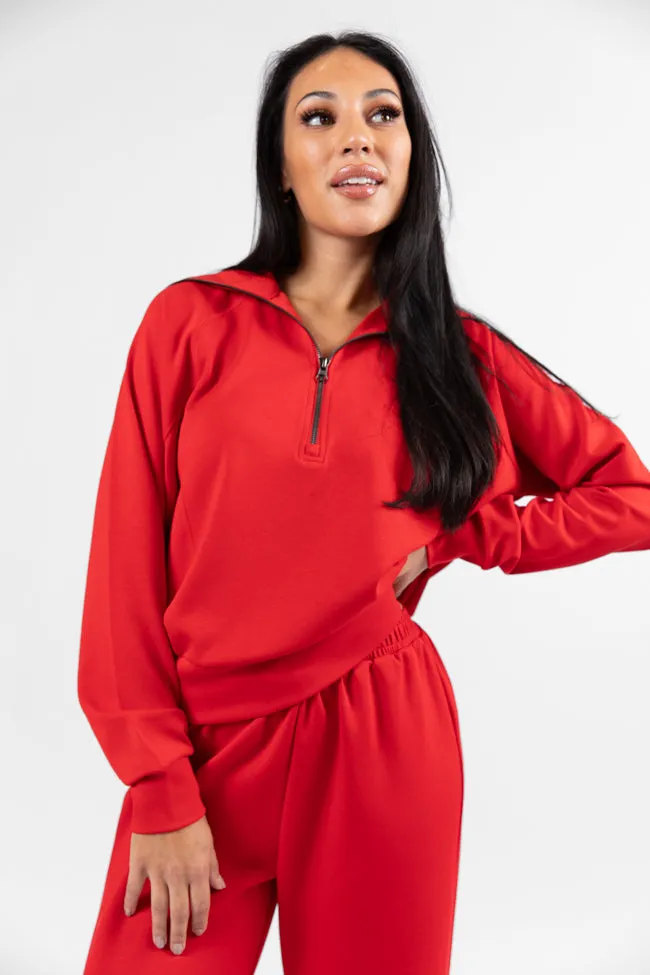 Let's Just Stay Red Quarter Zip Knit Pullover sold by Pink Lily