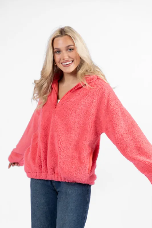 Stay Here Coral Sherpa Pullover sold by Pink Lily