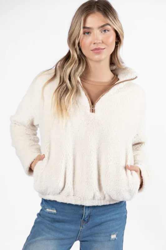 Stay Here Beige Contrast Trim Sherpa Pullover FINAL SALE sold by Pink Lily