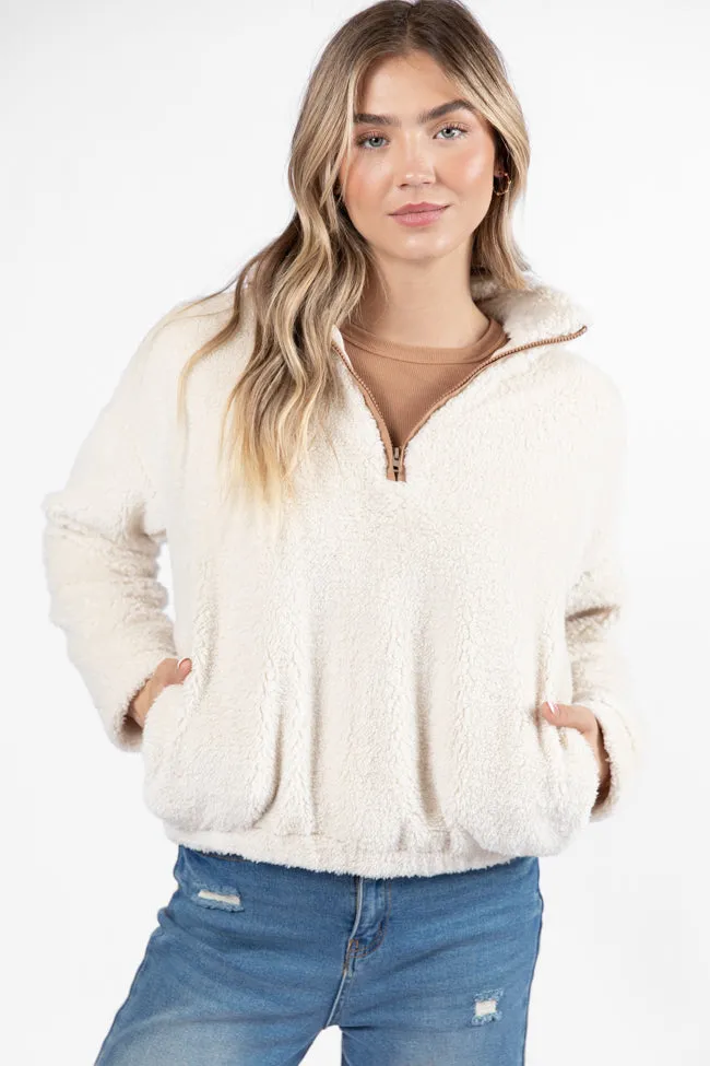 Stay Here Beige Contrast Trim Sherpa Pullover FINAL SALE sold by Pink Lily