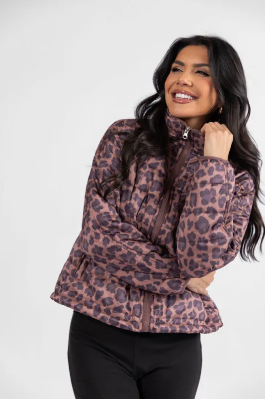 Vail Valley Brown Leopard Quilted Zip Up Jacket FINAL SALE sold by Pink Lily