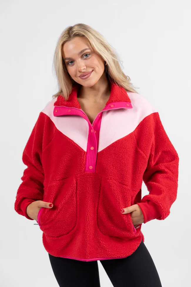 Good Feelings Red Multi Colorblock Sherpa Pullover FINAL SALE sold by Pink Lily