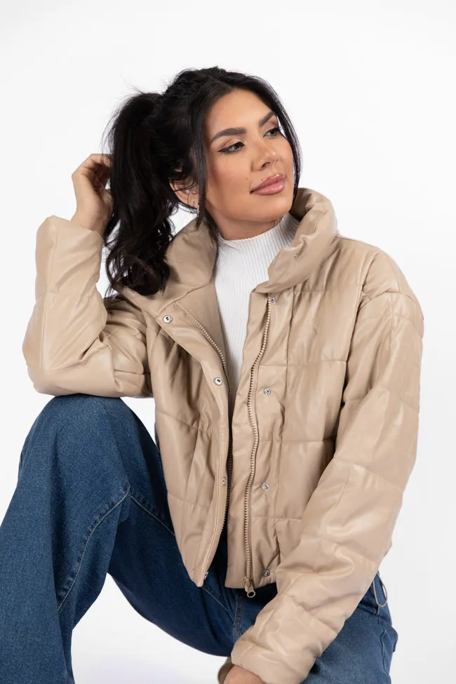 Things Take Time Khaki Faux Leather Puffer Jacket FINAL SALE sold by Pink Lily