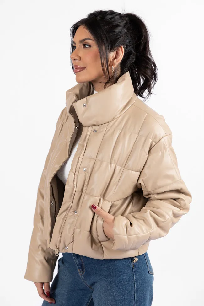 Things Take Time Khaki Faux Leather Puffer Jacket FINAL SALE sold by Pink Lily product image thumbnail 5