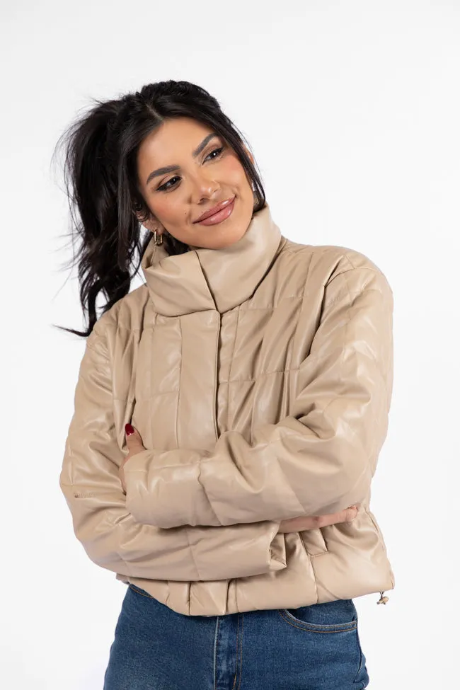 Things Take Time Khaki Faux Leather Puffer Jacket FINAL SALE sold by Pink Lily product image thumbnail 3