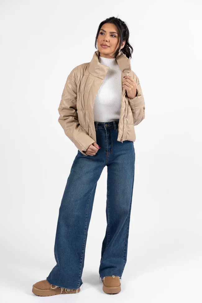 Things Take Time Khaki Faux Leather Puffer Jacket FINAL SALE sold by Pink Lily product image thumbnail 2
