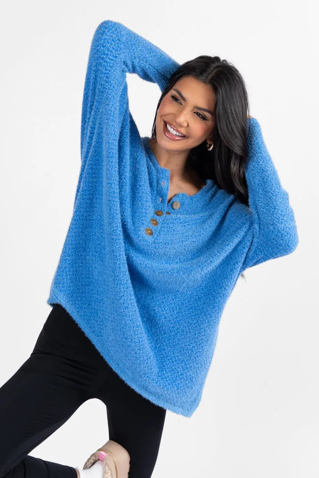 Thinking Of You Blue Fuzzy Henley Blouse FINAL SALE sold by Pink Lily