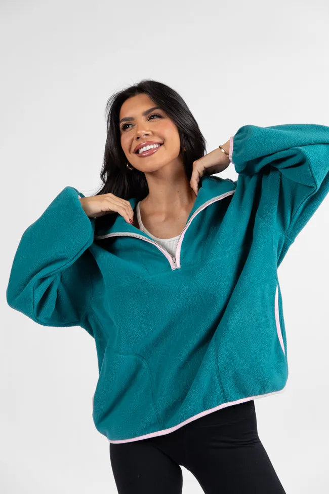 Outside The Box Jade and Pink Contrast Trim Fleece Pullover FINAL SALE sold by Pink Lily
