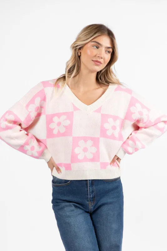 Found A New Way Pink V-Neck Checkered Flower Sweater FINAL SALE sold by Pink Lily