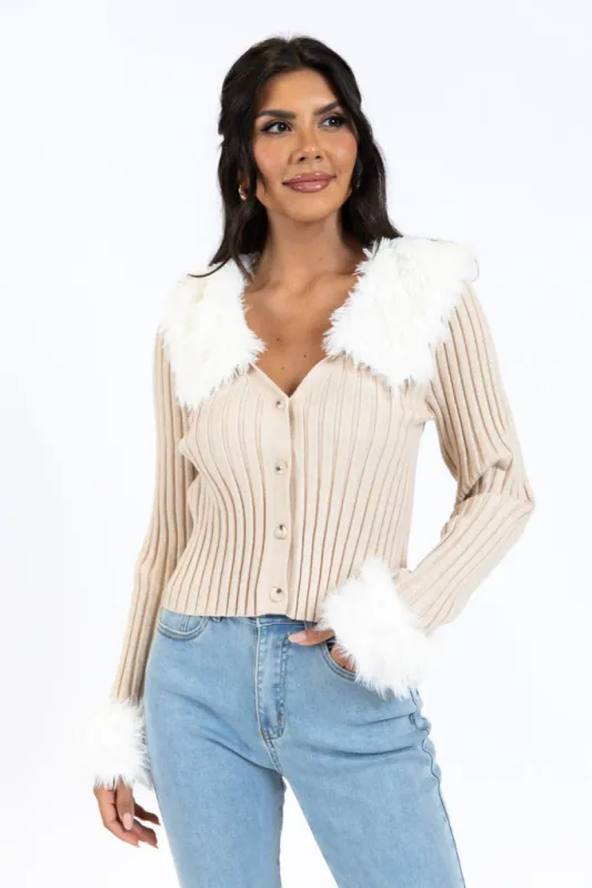 Fake It Until You Make It Beige Faux Fur Trim Cardigan FINAL SALE sold by Pink Lily