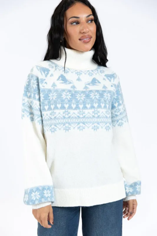 For The Best Ivory and Blue Ski Print Fair Isle Turtleneck Sweater FINAL SALE sold by Pink Lily