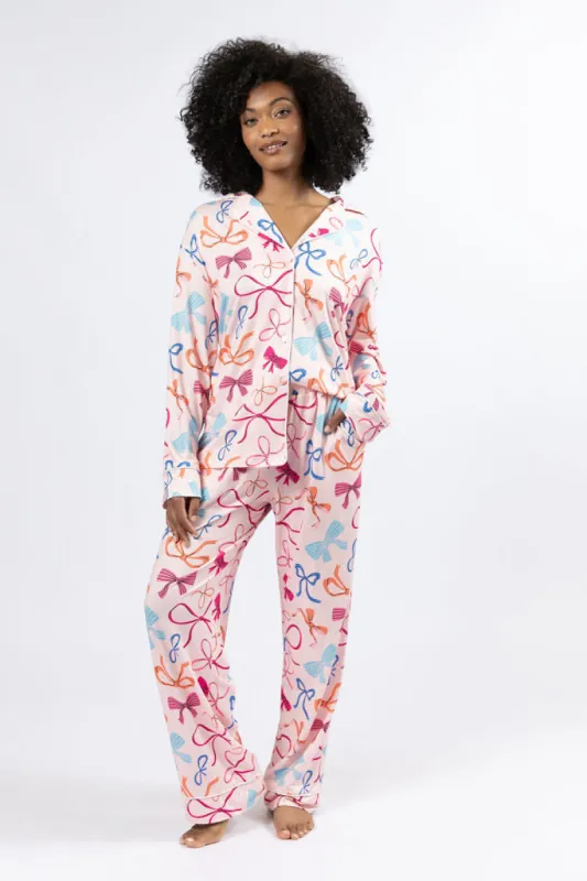 On A Cloud Multi Colored Bows Plush Knit Pajama Set sold by Pink Lily