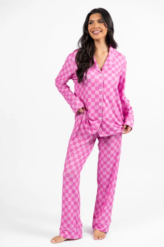 On A Cloud Pink Tonal Checkered Plush Knit Pajama Set sold by Pink Lily