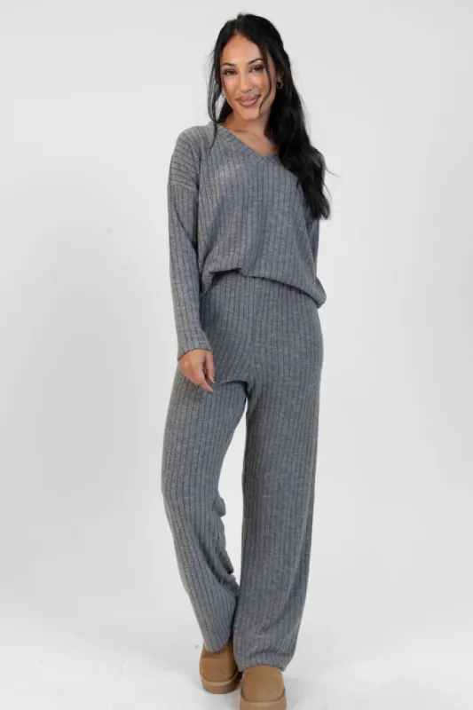 Comfort Zone Charcoal Ribbed Lounge Pants sold by Pink Lily