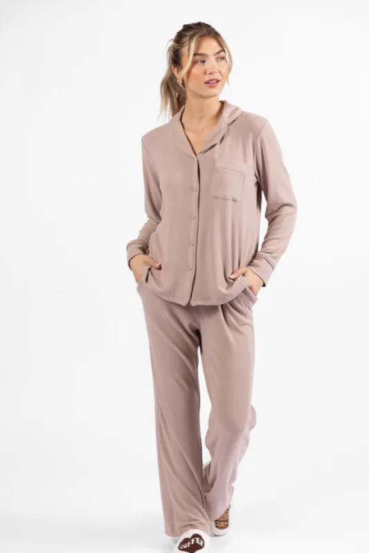 Drifting Off Mocha Ribbed Pajama Set FINAL SALE sold by Pink Lily