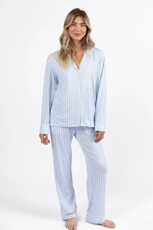 On A Cloud Light Blue and Cream Stripe Plush Knit Pajama Set FINAL SALE sold by Pink Lily