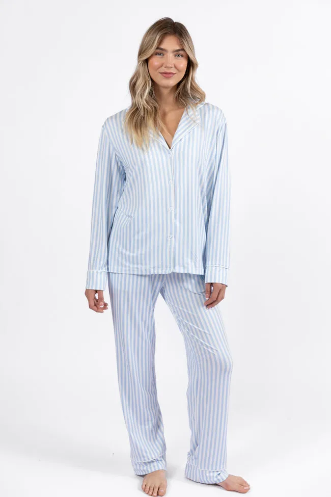 On A Cloud Light Blue and Cream Stripe Plush Knit Pajama Set FINAL SALE sold by Pink Lily
