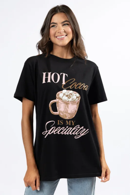Hot Cocoa Is My Speciality Black Oversized Graphic Tee DOORBUSTER sold by Pink Lily