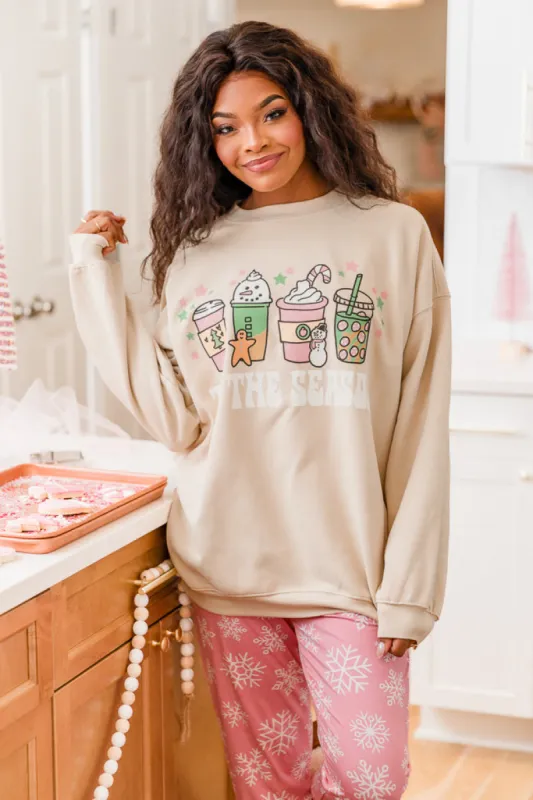 'Tis The Season Winter Light Tan Oversized Graphic Sweatshirt sold by Pink Lily