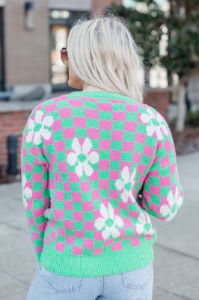 Groovy Girl Pink and Green Fuzzy Checkered Floral Sweater sold by Pink Lily
