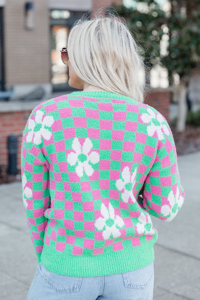 Movies and Chill Pink and Green Fuzzy Checkered Floral Sweater sold by Pink Lily product image thumbnail 4